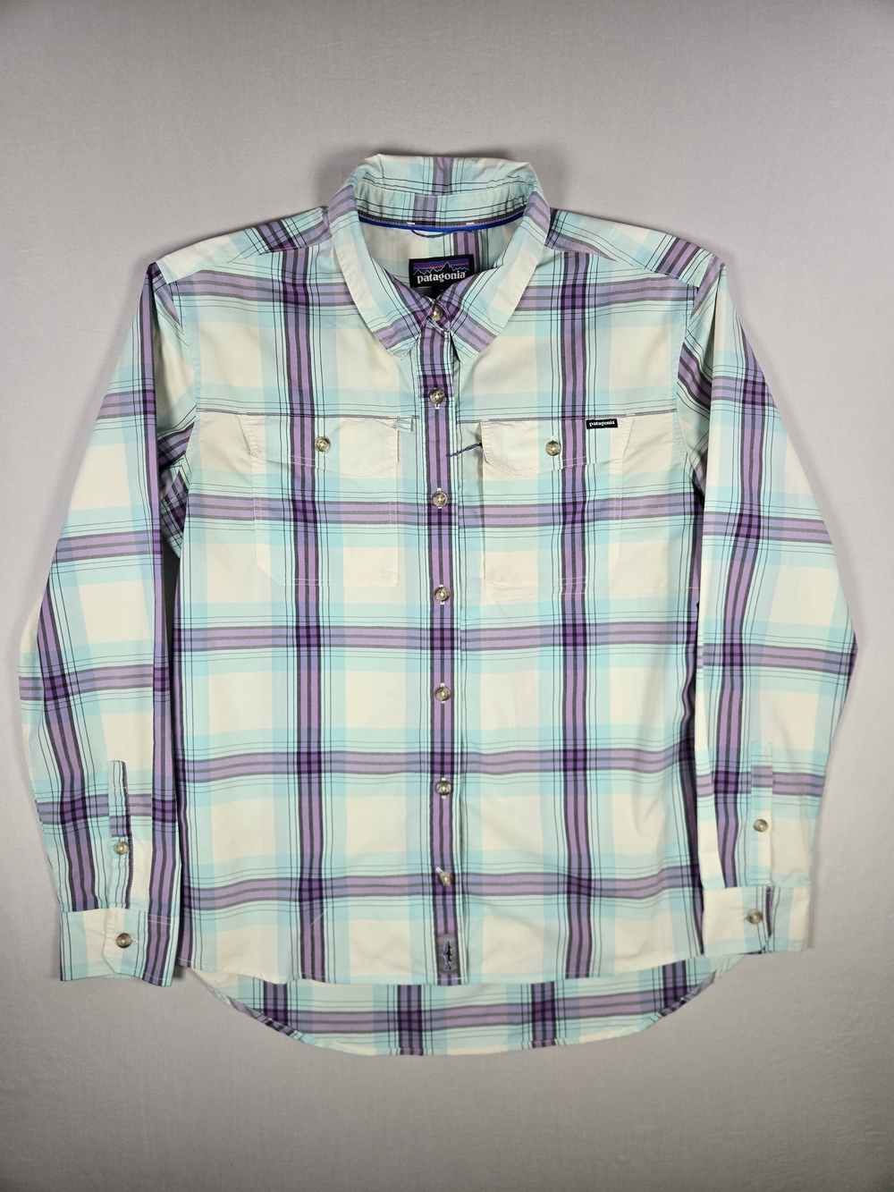 Patagonia Sun Stretch Plaid Long Sleeve Hiking Fishing Shirt Aqua Purple Medium